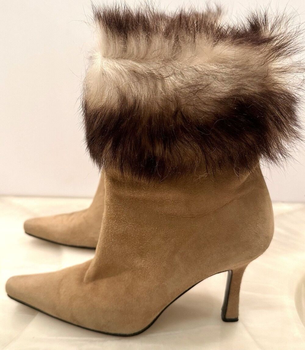 Stuart Weitzman Suede Ankle Boots Faux Fur Cuff Pointed Toe Heels Designer
